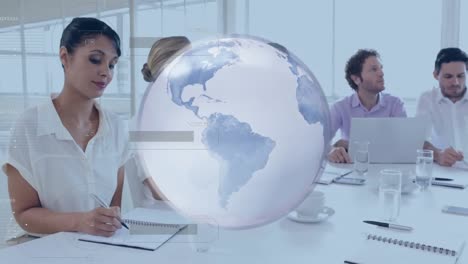 Animation-of-rotating-globe-and-data-processing-over-business-colleagues-talking-in-office-meeting