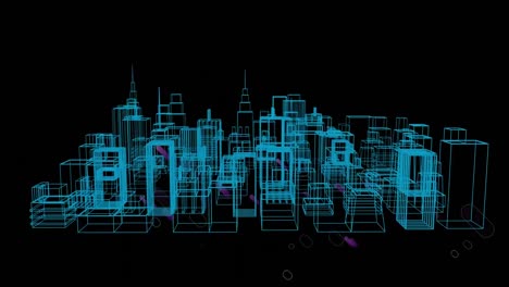 Animation-Von-Violetten-Streifen,-Die-über-Eine-3D-Zeichnung-Des-Stadtbildes-Auf-Schwarzem-Hintergrund-Fallen