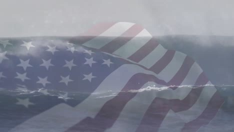 Animation-of-flag-of-america-waving-over-waves-breaking-in-sea