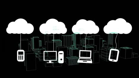 Animation-Digitaler-Wolken-Und-Symbole-über-3D-Zeichnung-Des-Stadtbildes-Auf-Schwarzem-Hintergrund