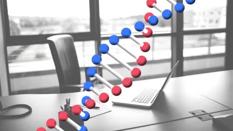 Animation-Eines-DNA-Strangs,-Der-Sich-über-Einem-Laptop-Auf-Dem-Schreibtisch-Dreht