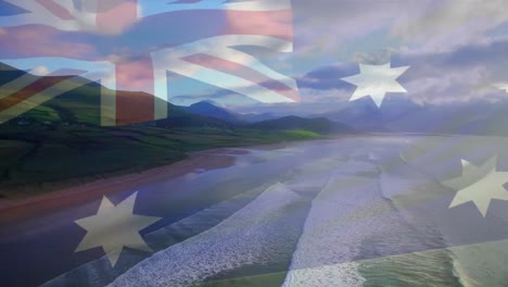 Animation-Der-Flagge-Australiens,-Die-über-Einem-Sonnigen-Strand-Weht-Und-Wellen-Im-Meer-Brechen