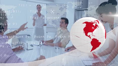 Animation-of-globe-with-data-processing-over-business-meeting-in-background