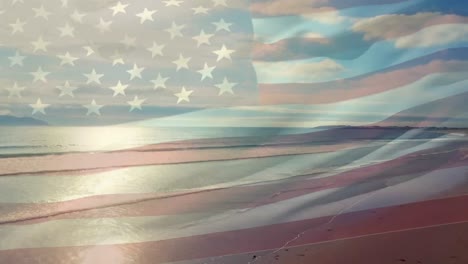 Animation-Der-Flagge-Amerikas,-Die-über-Einem-Sonnigen-Strand-Weht