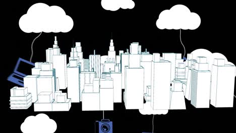 Animation-of-digital-clouds-and-icons-over-3d-cityscape-drawing-on-black-background
