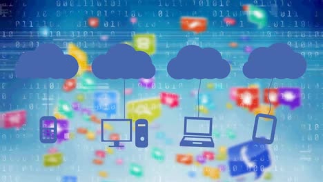 Animation-of-clouds-and-digital-icons-over-data-processing-in-background