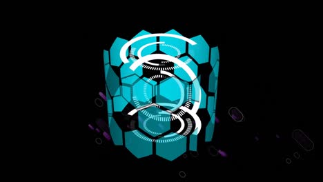 Animation-of-white-circles-and-hexagons-spinning-with-purple-light-trails-on-black-background