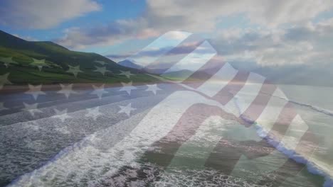 Animation-of-american-flag-waving-over-sunny-seaside