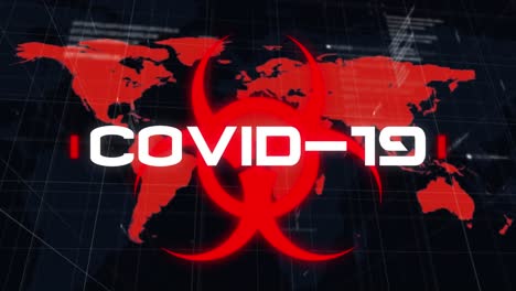 Animation-of-covid-19-data-processing-over-biohazard-symbol-and-world-map