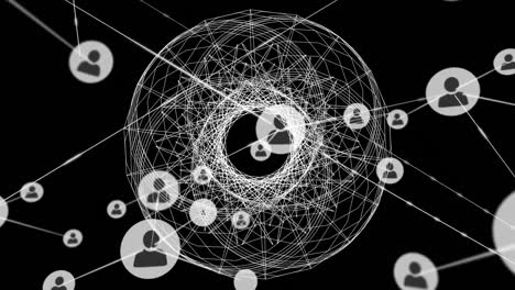 Animation-Eines-Netzwerks-Von-Verbindungen-Mit-Symbolen-über-Einem-Sich-Drehenden-Bereich