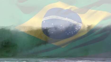 Animation-of-flag-of-brazil-waving-over-sunny-seaside