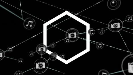 Animation-of-network-of-connections-with-icons-over-hexagons-spinning