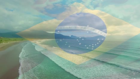 Animation-of-brazilian-flag-waving-over-sunny-seaside
