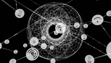Animation-Eines-Netzwerks-Von-Verbindungen-Mit-Symbolen-über-Rotierenden-Zielfernrohren