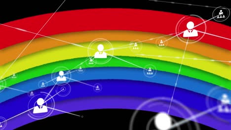 Animation-of-networks-of-connection-with-people-icons-with-rainbow-on-black-background