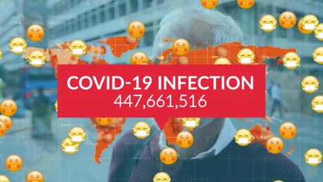 Animation-Der-Covid-19-Datenverarbeitung-über-Menschen-Und-Mehrere-Kranke-Emojis-Mit-Gesichtsmasken