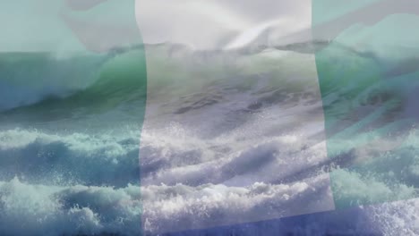 Animation-Der-Flagge-Nigerias,-Die-über-Der-Sonne-Auf-Wellen-Weht,-Die-Im-Meer-Brechen