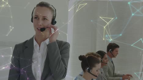 Animation-of-networks-of-connections-over-business-people-using-phone-headsets