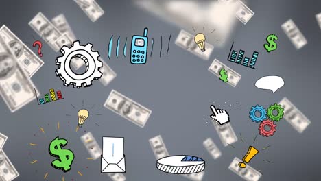 Animation-Digitaler-Symbole-über-Amerikanischen-Dollar-Banknoten,-Die-Auf-Grauen-Hintergrund-Fallen