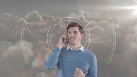 Animation-of-businessman-using-smartphone-over-scope-scanning-and-clouds