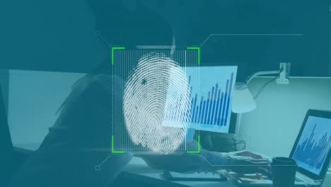 Animation-of-fingerprint-scan,-over-woman-accessing-data-using-computers-and-tablet