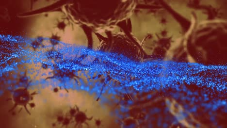 Animation-Von-Blauen-Lichtspuren-Und-Makrobraunen-Covid-19-Zellen