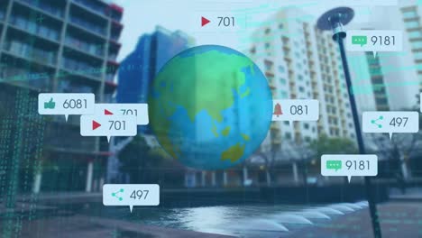 Animation-of-globe-and-social-media-speech-bubbles-over-cityscape