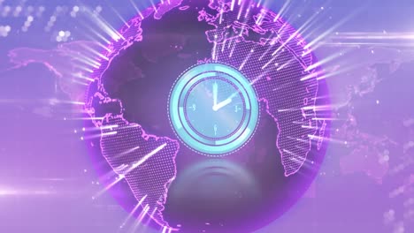 Animation-of-clock-moving-fast-over-globe-on-purple-background