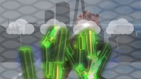 Animation-of-glowing-green-blocks-with-clouds-and-digital-icons