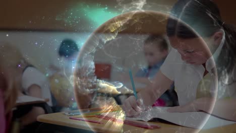 Animation-Eines-Globus-Mit-Netzwerk-Von-Verbindungen-über-Das-Schreiben-Von-Schulmädchen
