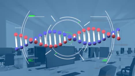 Animation-of-dna-strand-spinning-and-scope-scanning-over-empty-office