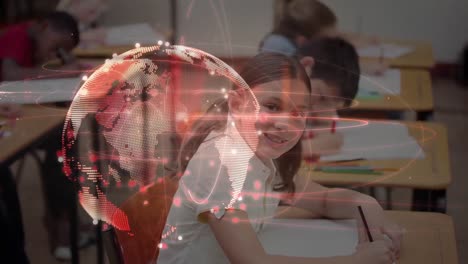 Animation-Eines-Globus-Mit-Netzwerk-Von-Verbindungen-über-Das-Schreiben-Von-Schulmädchen