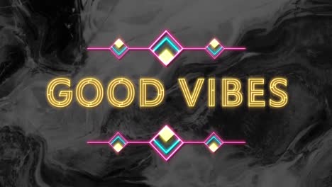 Animation-of-text-good-vibes-in-yellow-neon,-over-black-swirl-background