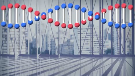 Animation-of-dna-strand-spinning-over-modern-building-and-cityscape