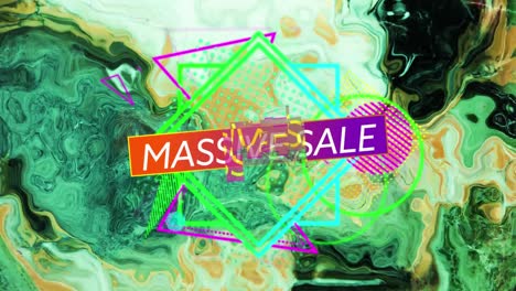 Animation-of-text-massive-sale-in-banner,-with-colourful-shapes,-over-swirling-green-and-yellow