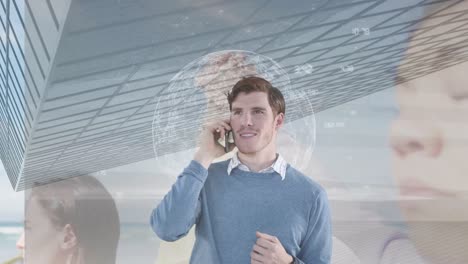Animation-of-businessman-using-smartphone-over-globe-and-modern-building