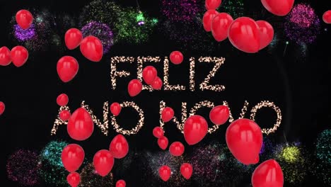 Animation-of-happy-new-year-text,-red-balloons-with-fireworks-on-black-background