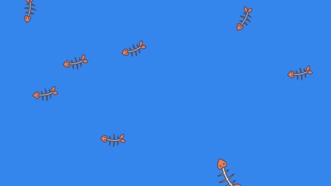 Animation-of-multiple-fish-skeletons-floating-on-blue-background