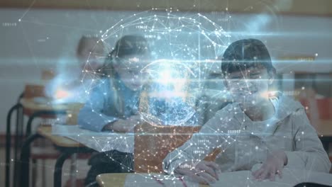 Animation-of-globe-with-network-of-connections-over-schoolgirls-writing