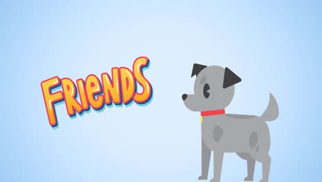 Animación-De-Lindo-Perro-Mascota-Y-Amigos-De-Texto,-Sobre-Fondo-Azul