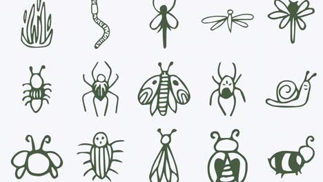 Animation-of-multiple-green-bugs-falling-on-white-background