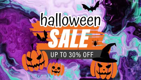 Animation-of-halloween-sale-text,-over-swirling-purple-and-green