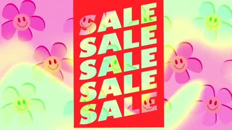 Animation-of-text-sale-in-red-banner,-over-smiley-face-flowers-on-pink-and-green-background