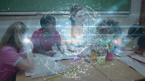 Animation-of-network-of-connections-over-female-teacher-and-school-children-writing