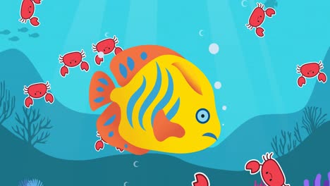 Animation-Von-Gelben-Fischen-über-Krabben,-Die-Auf-Blaues-Wasser-Und-Meeresbodenhintergrund-Fallen