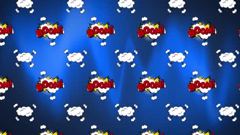 Animation-of-the-word-boom-on-white-explosion-clouds,-repeated-moving-on-blue-background