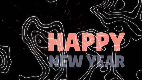 Animation-of-happy-new-year-text-and-fireworks-with-white-lines-on-black-background