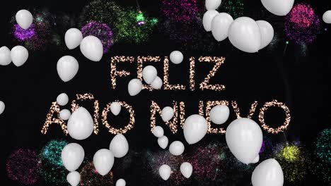 Animation-Eines-Frohen-Neujahrstextes-Mit-Weißen-Luftballons-Und-Feuerwerk-Auf-Schwarzem-Hintergrund