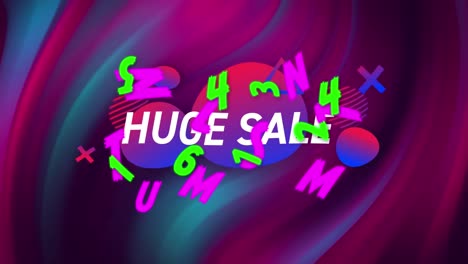 Animation-of-text-huge-sale,-with-colourful-letters-and-numbers,-over-swirling-dark-pink-and-blue