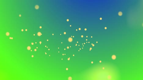 Animation-of-yellow-spots-of-light-floating-over-green,-then-connected-bitcoins-on-red
